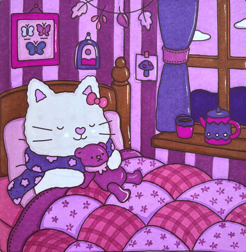 Completed adult coloring book page featuring a cat holding a teddy bear in bed, colored in shades of purple, pink, and lavender, with a cozy room and window view in the background.