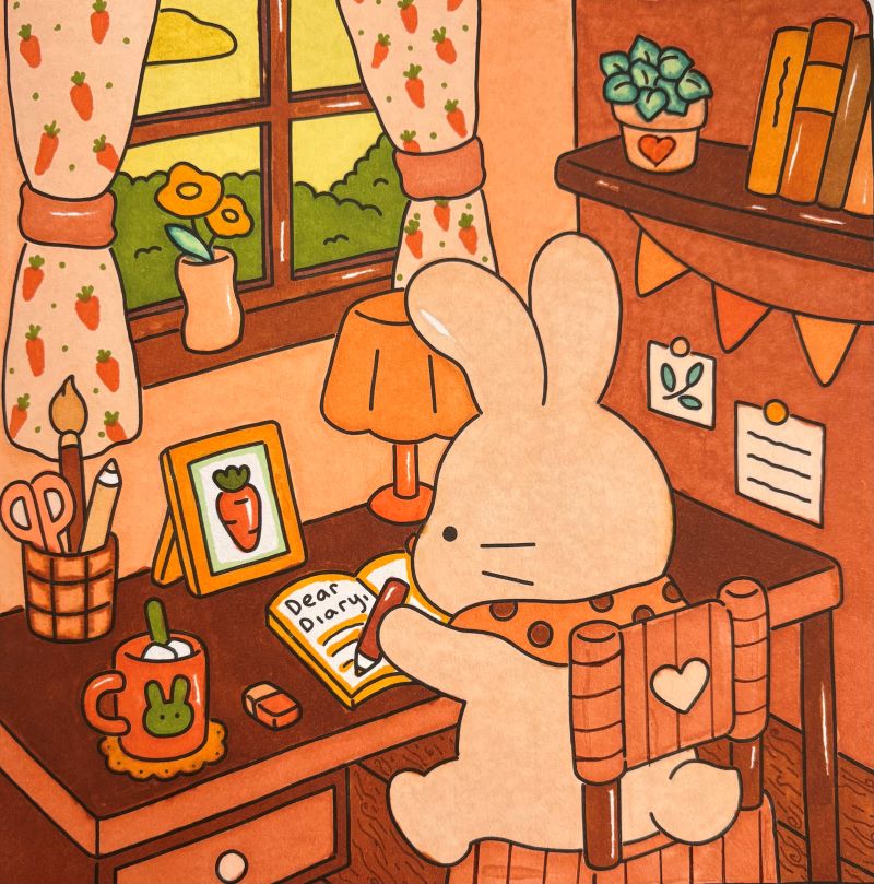 Completed adult coloring book page featuring a bunny writing in a “Dear Diary” notebook at a wooden desk, with warm orange, green, and brown tones, and cozy room decor including carrot-themed curtains, a lamp, books, and a window view of nature.