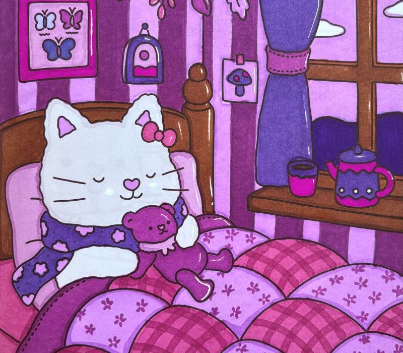 Completed adult coloring book page featuring a cat holding a teddy bear in bed, colored in shades of purple, pink, and lavender, with a cozy room and window view in the background.