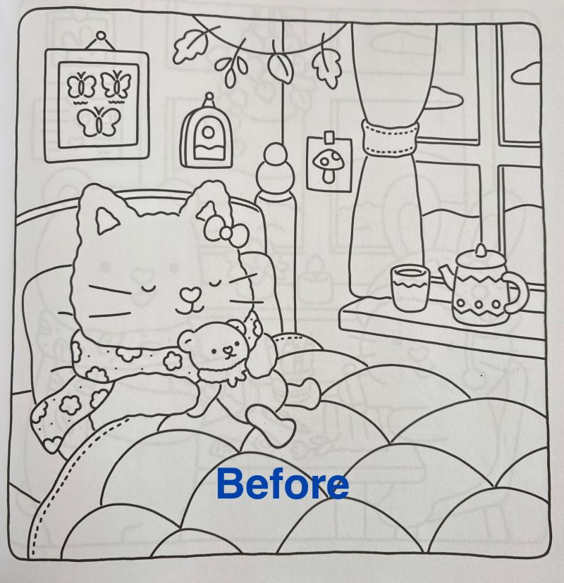 Uncolored page from an adult coloring book featuring a cat holding a teddy bear while resting in bed, with a teapot, cup, and window in the background. The word “Before” is written at the bottom.